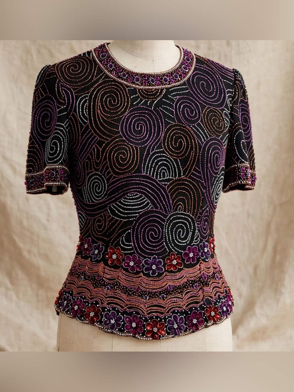NWT Vintage Laurence Kazar Silk Beaded Top L Black Purple Swirl Floral